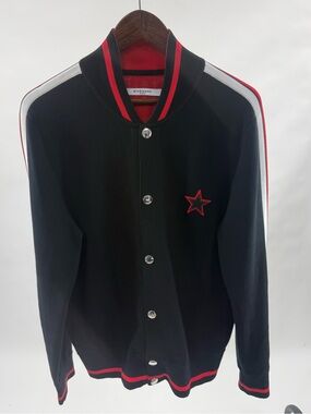 Givenchy Black Bomber Jacket with Red Star & Striped Trim